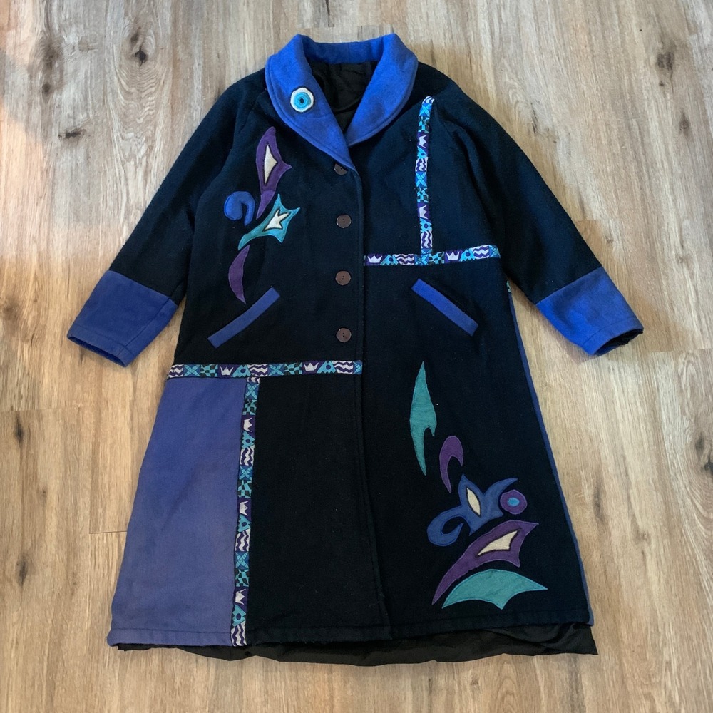 Gorgeous vintage 80s Evil Eye "art-to-wear" boho wool coat in blue black -medium